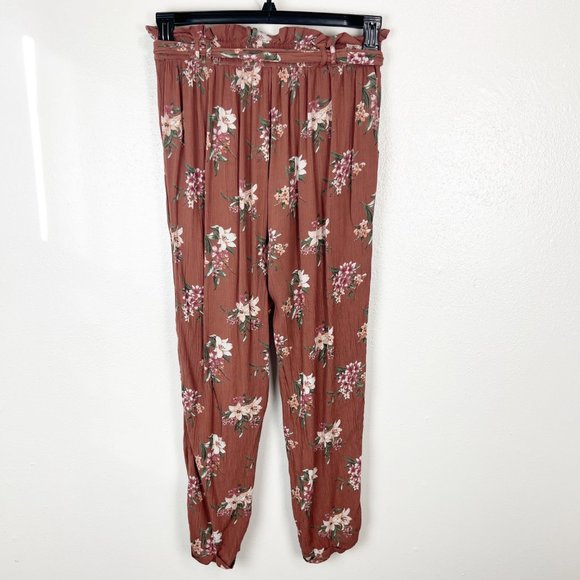 AMERICAN EAGLE Brown Floral Pencil High Rise Casual Paper Bag Waist Pants SMALL - Picture 2 of 10